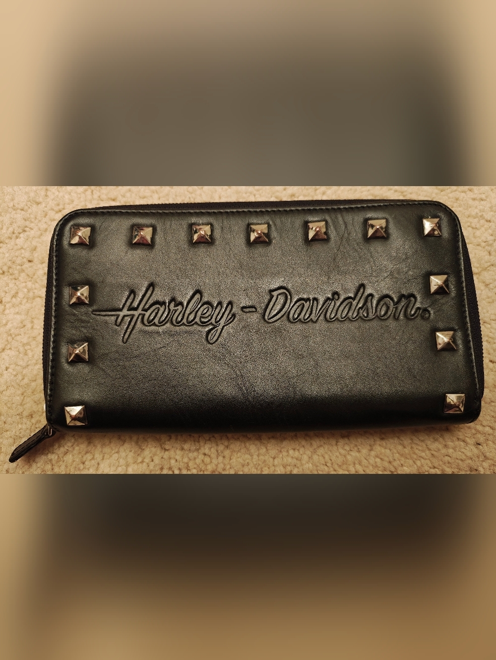 Harley Davidson Misrule Studded Leather Wallet w RFID Protection.